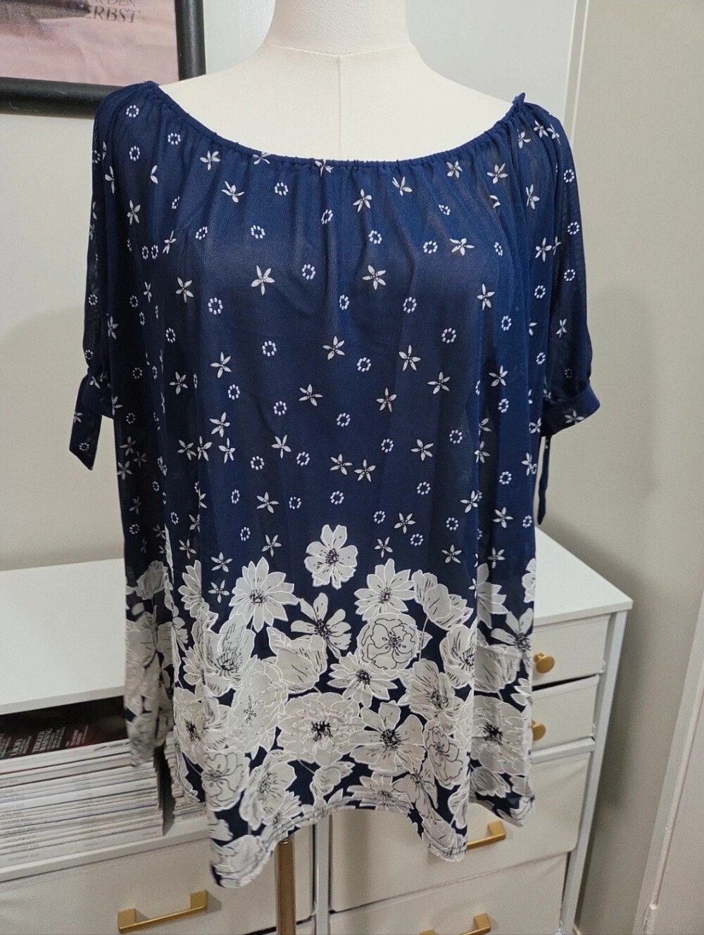 Siren Lily Navy Blue Sheer Floral Print Blouse Womens XL